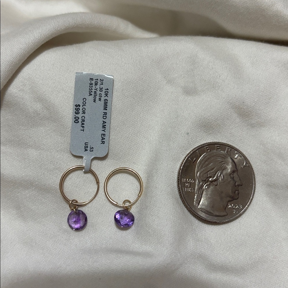 Gold and Amethyst  Hoop Earrings - Picture 3 of 4